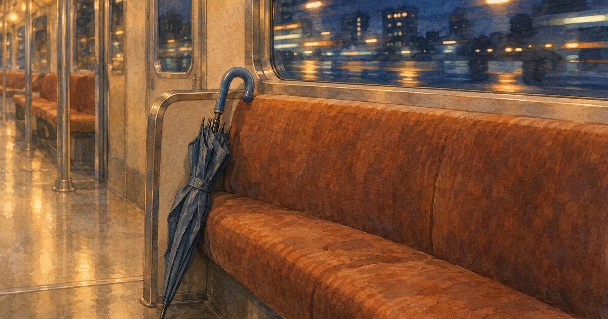夜の電車の座席の端に立てかけられた、骨が少し曲がった青い持ち手の折りたたみ傘。窓の外を街灯が流れていく。